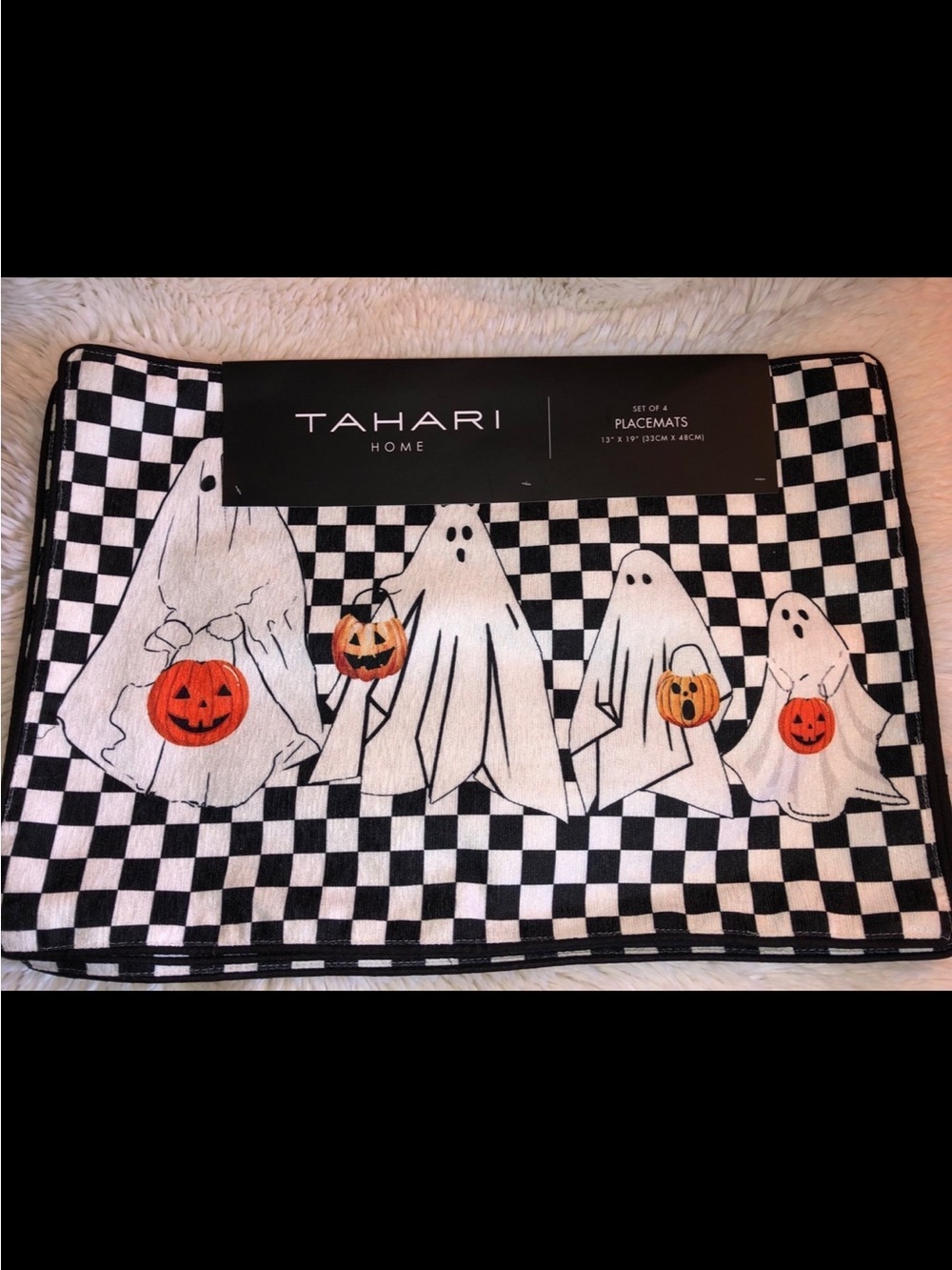Tahari Black White & Orange Ghost Family Checkerboard Placemat Set, NWT